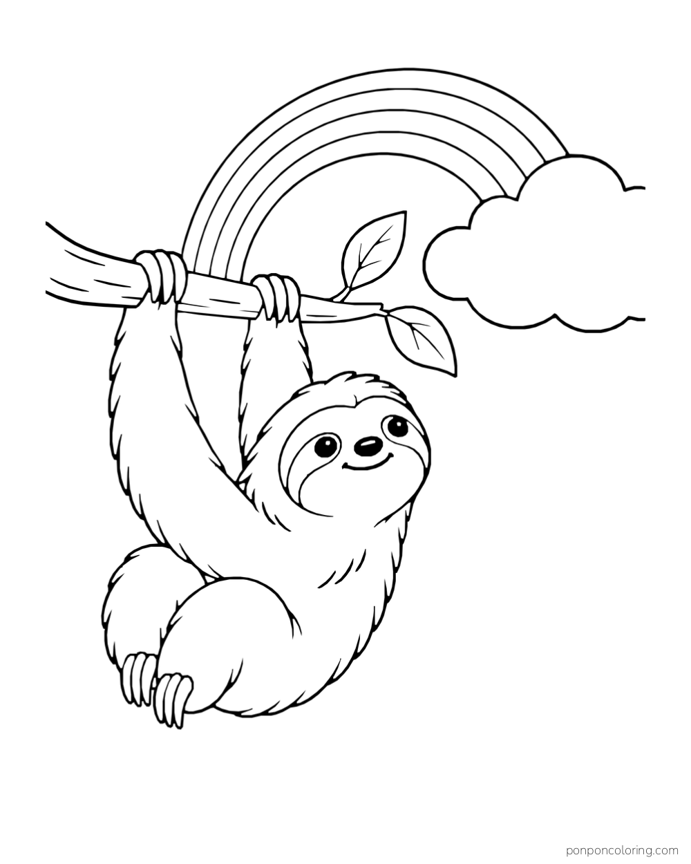 Sloth hanging from a branch beneath a rainbow beside one rounded cloud.