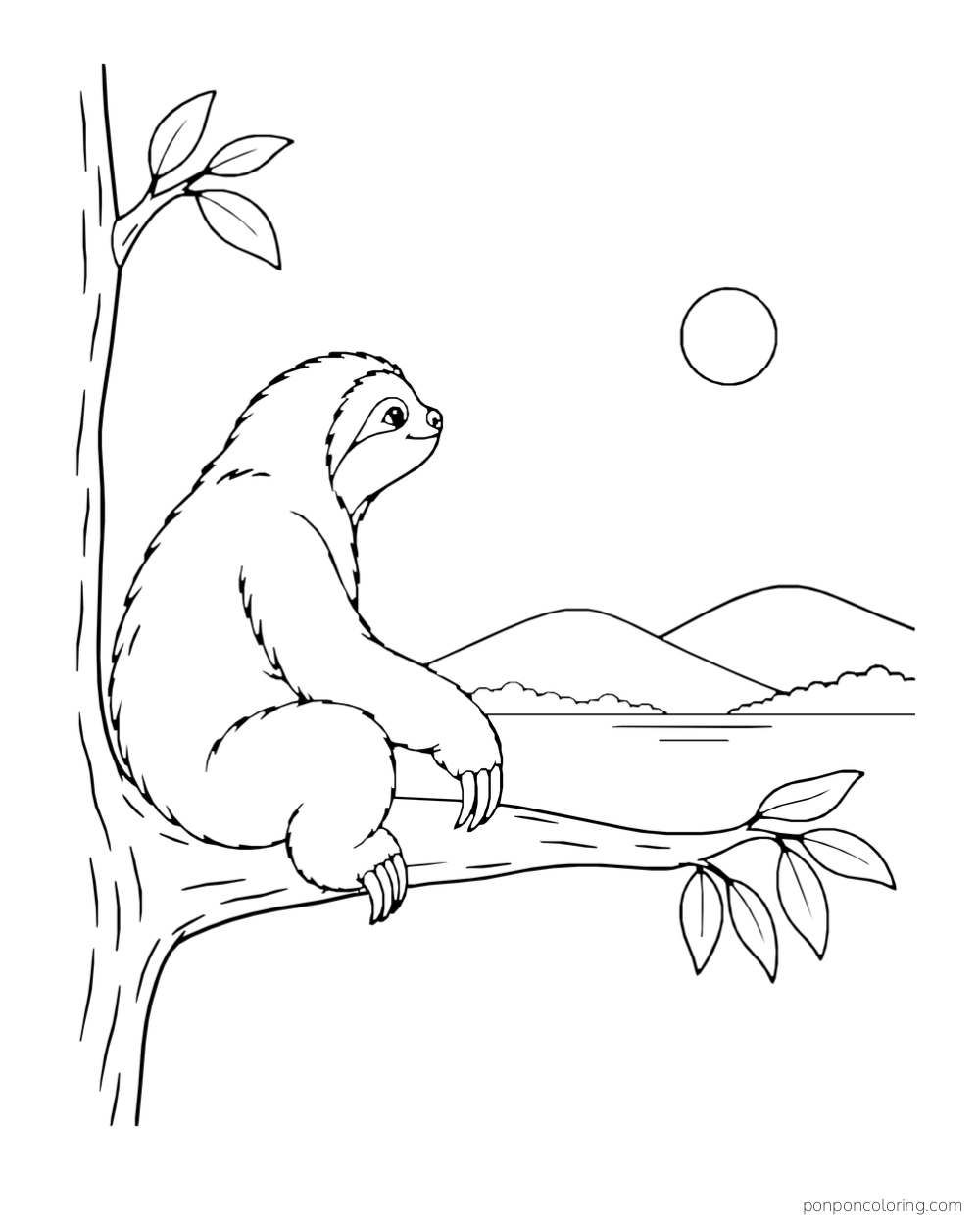 Side-view sloth seated on a branch facing a round moon over two distant hills.