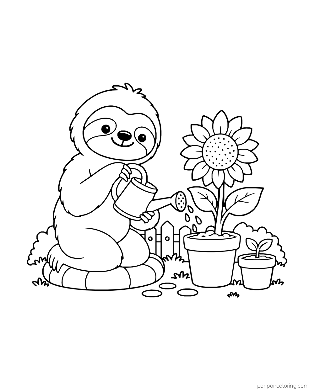 Sloth kneeling on a cushion and watering a potted sunflower beside a smaller sprout pot.