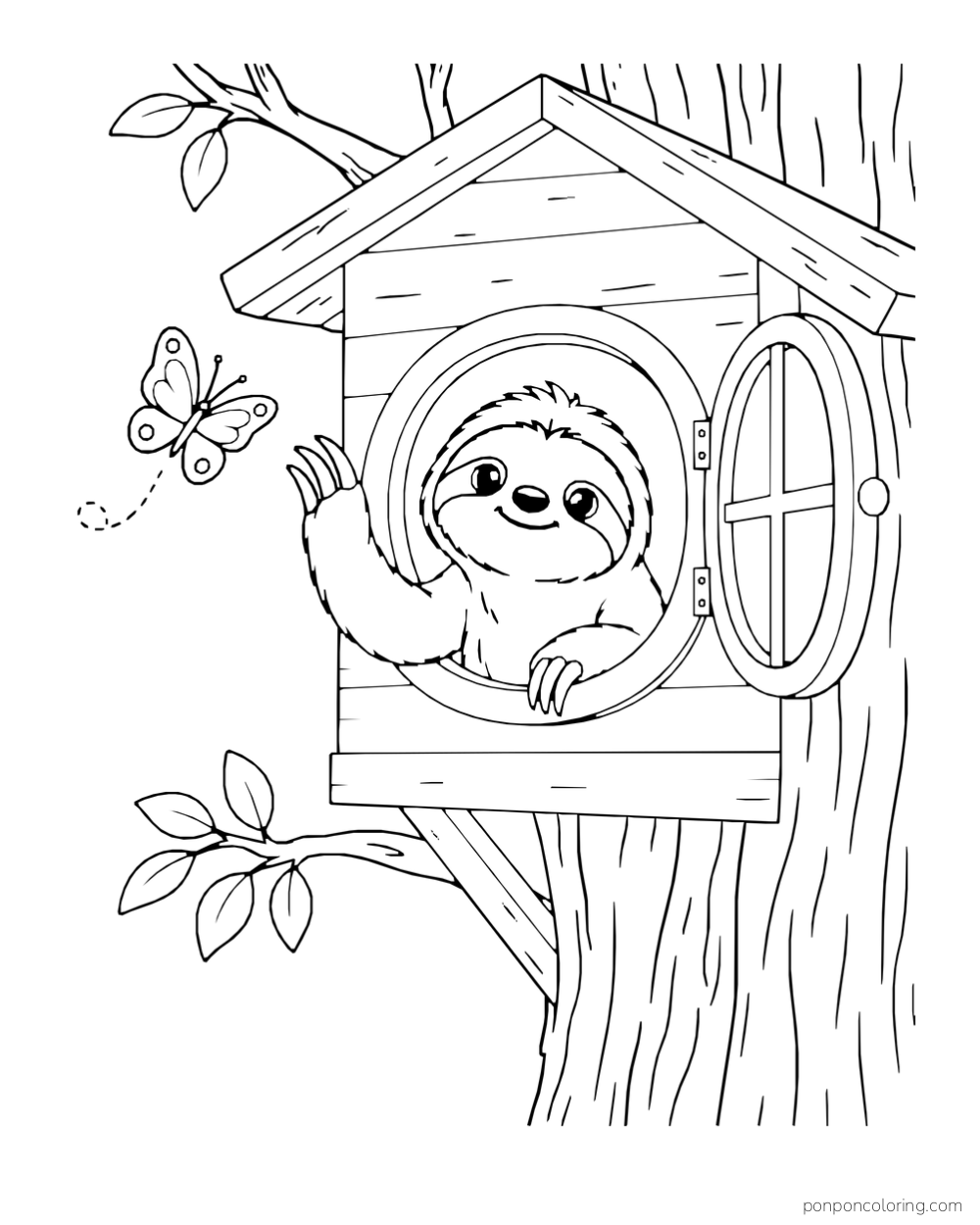 Sloth waving through an open round treehouse window as a butterfly flies nearby.