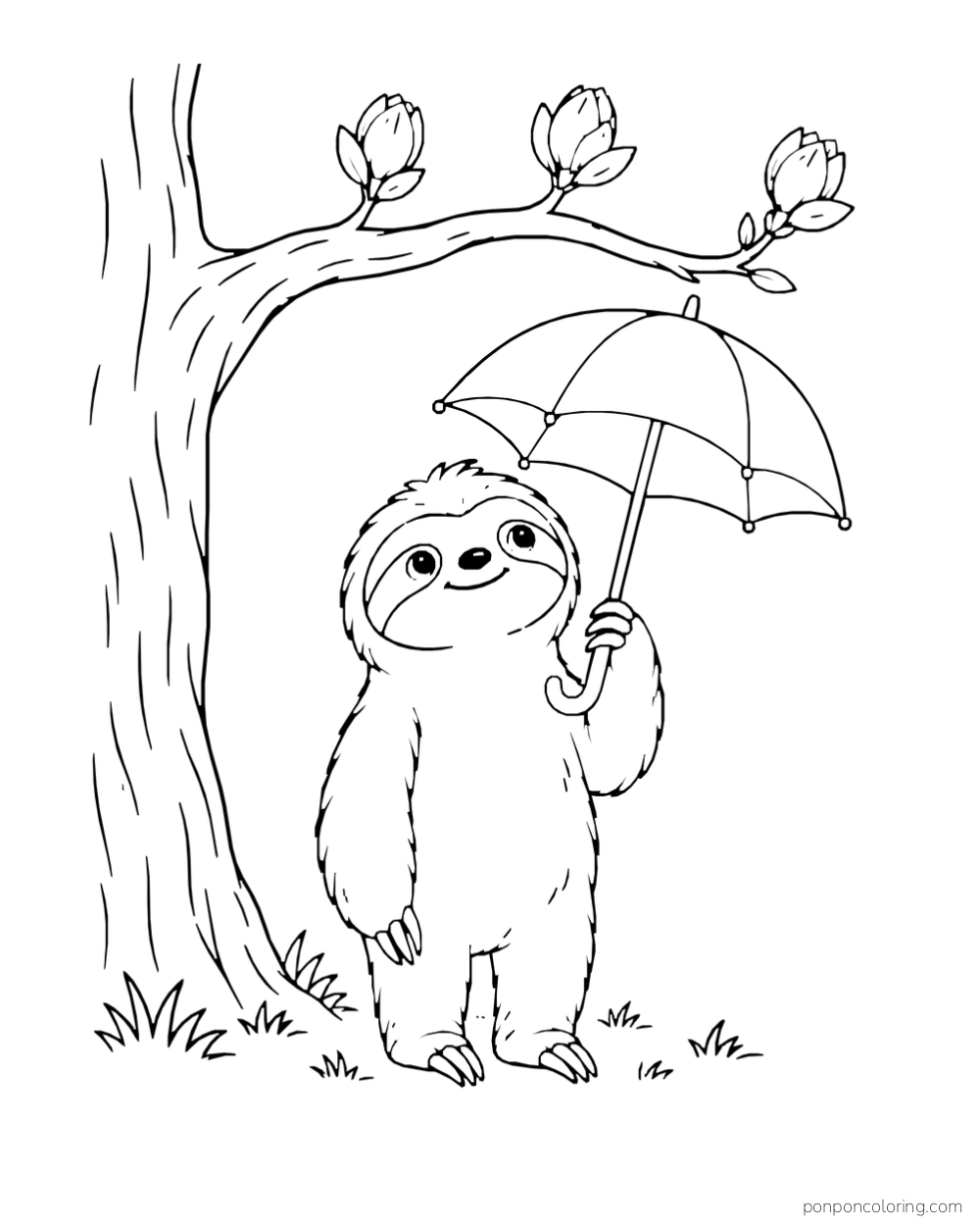 Sloth standing under a budding branch with an open umbrella on a clear day.