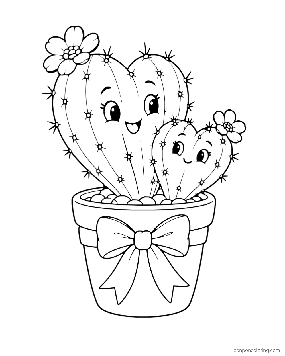 Two smiling heart-shaped cactus pads grow from a flowerpot decorated with a ribbon bow.
