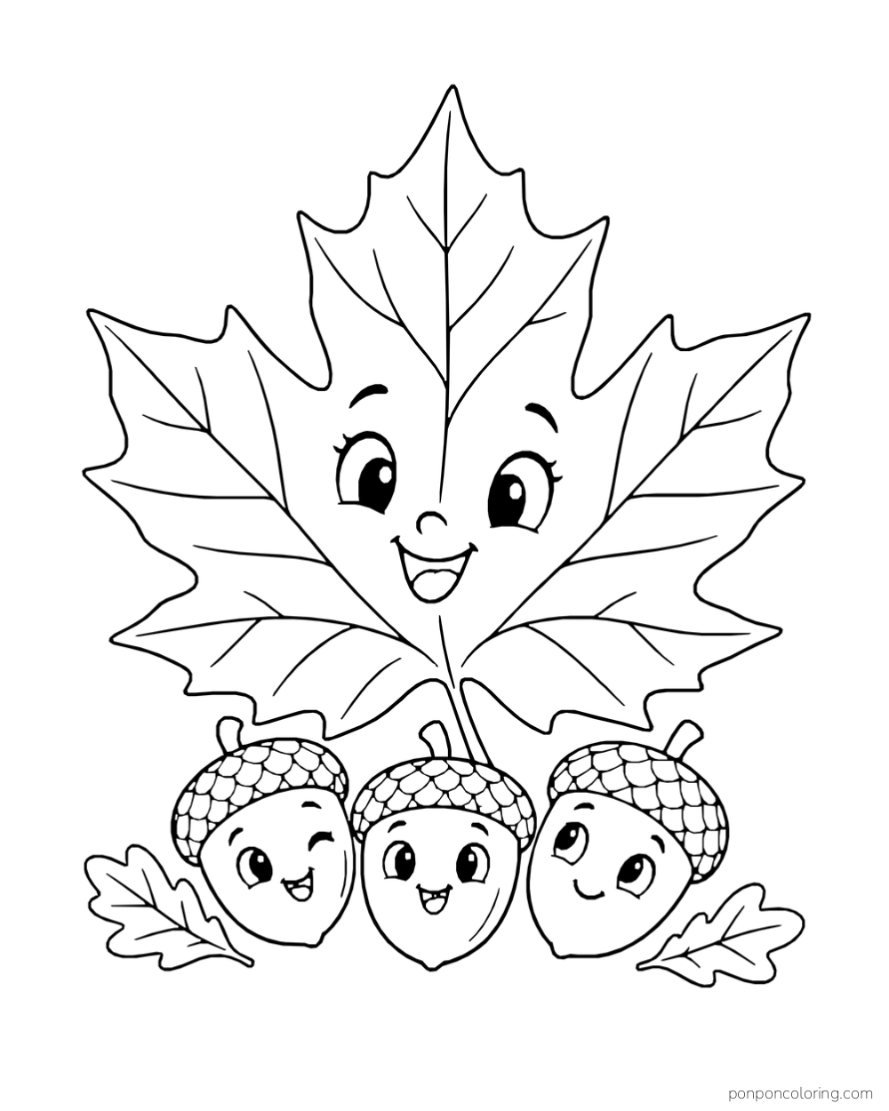 A large smiling maple leaf sits above three happy acorns and two small oak leaves.