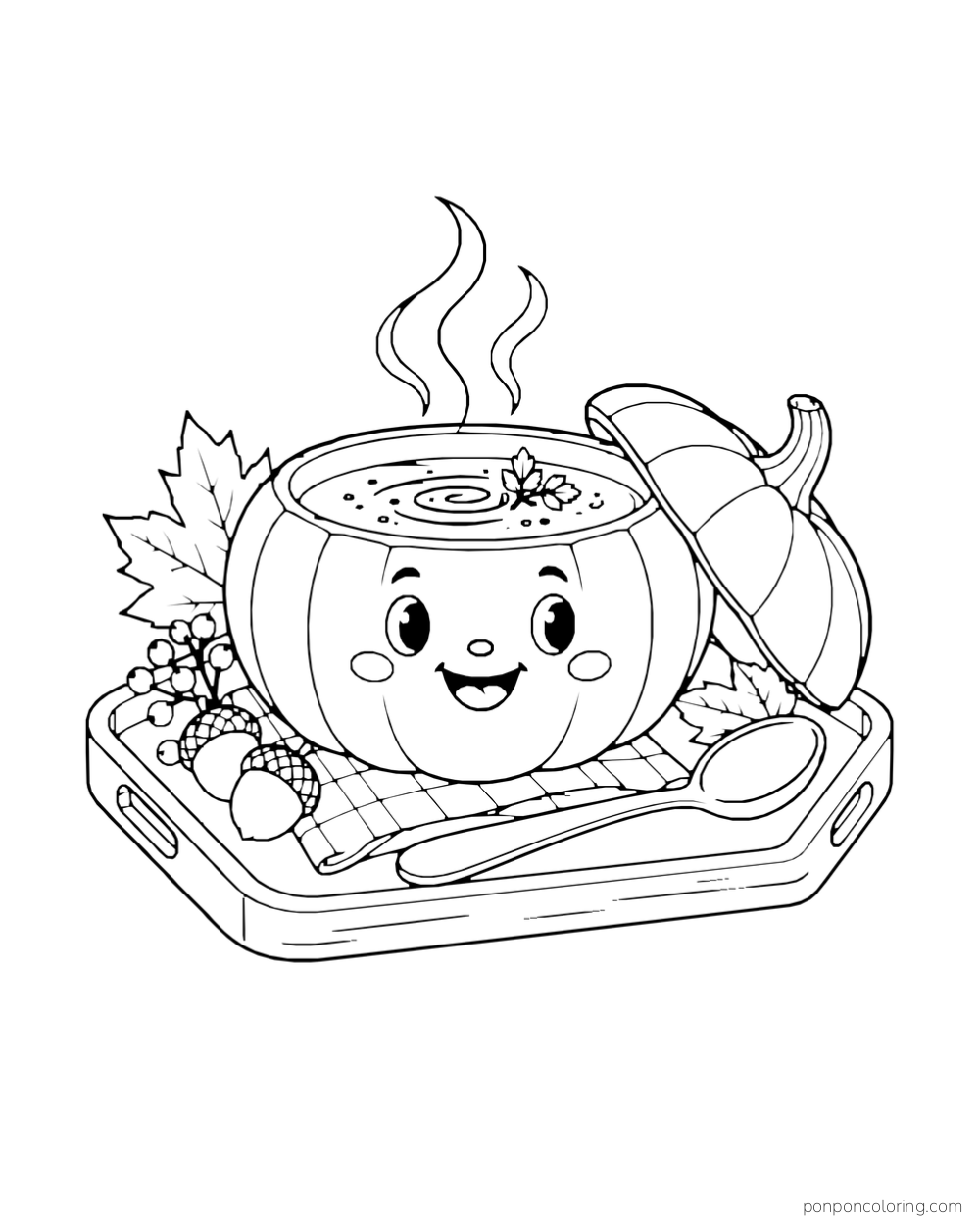 A smiling pumpkin-shaped bowl of soup sits on a tray with its lid and a spoon.