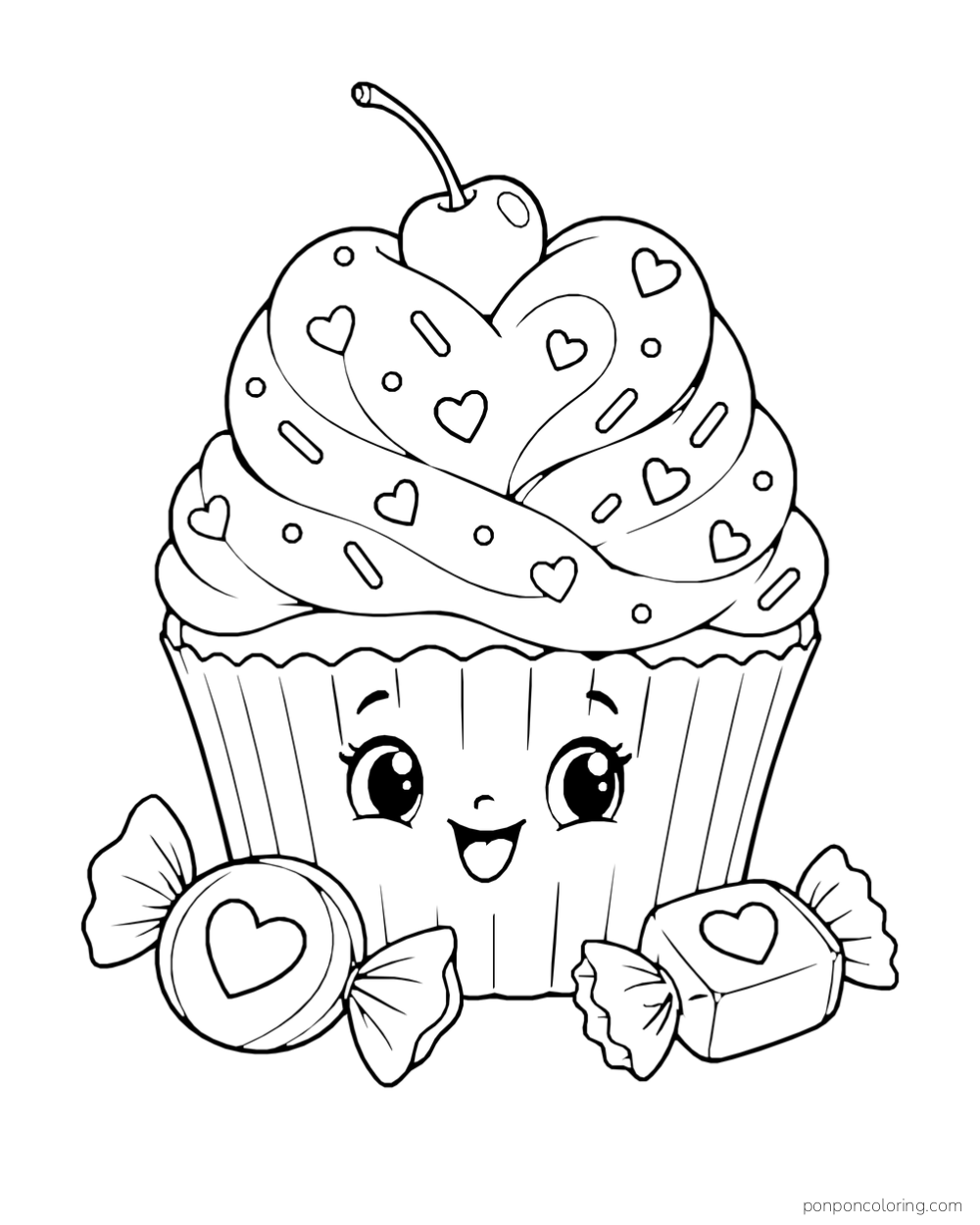 A smiling cupcake has heart-shaped frosting, a cherry, and two wrapped candies beside it.