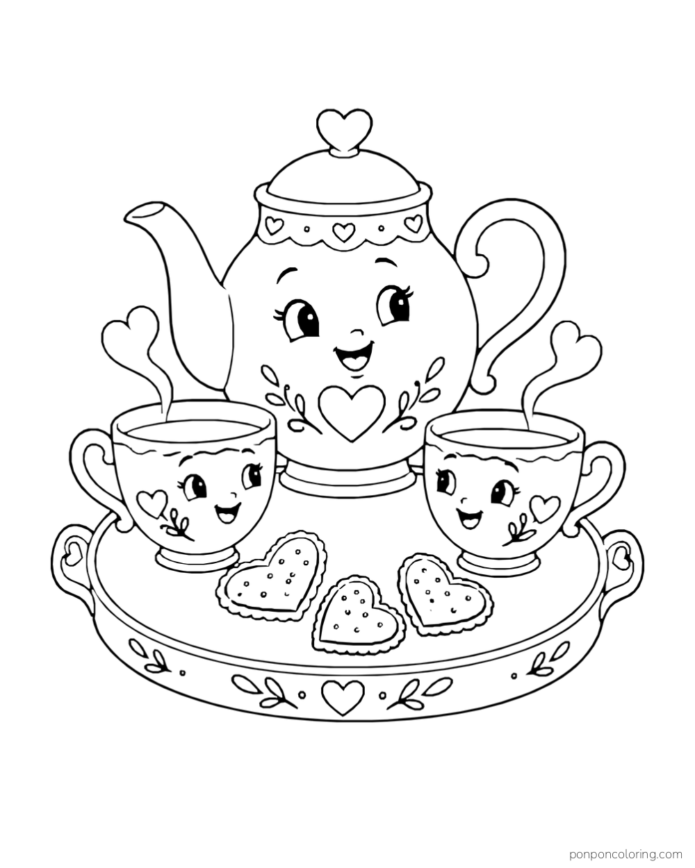 A smiling teapot and two cups sit on a tray with three heart-shaped cookies.