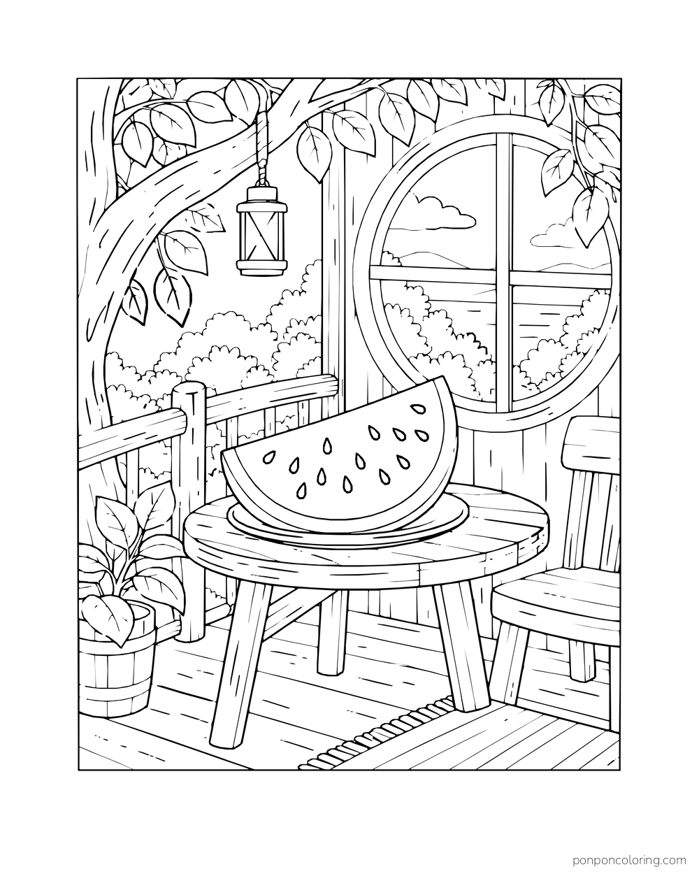 A watermelon wedge on a small table inside a treehouse with a round window and lantern.