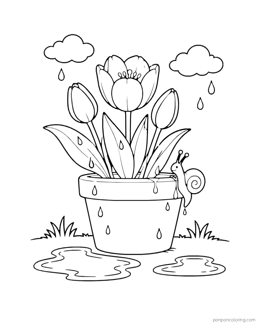 A snail climbing a tulip pot while puddles and raindrops surround it.