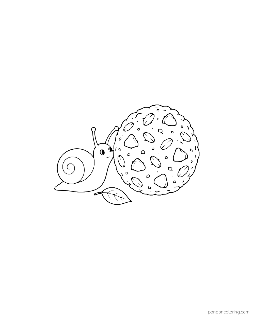 A small snail pauses beside a large round oatmeal cookie with one leaf below.