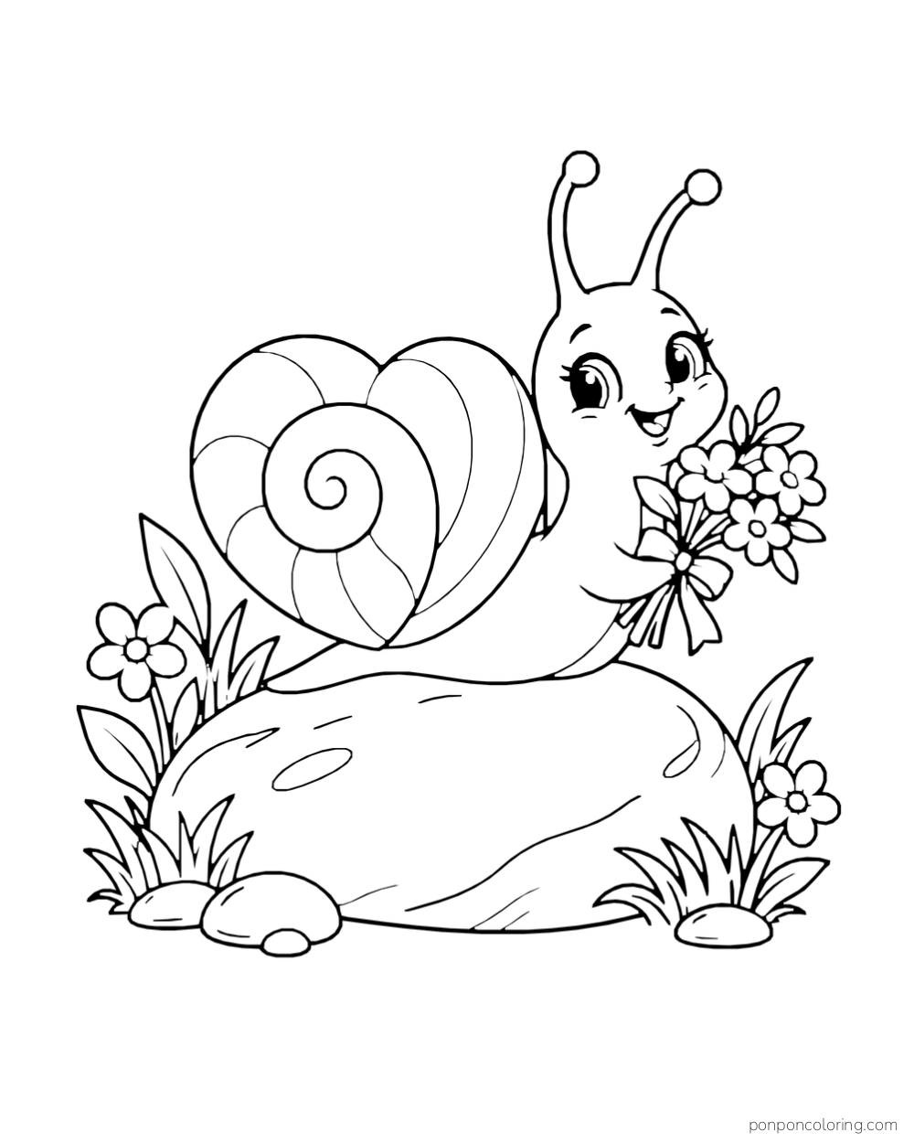 A smiling snail with a heart-shaped shell carries a bouquet across a stone.