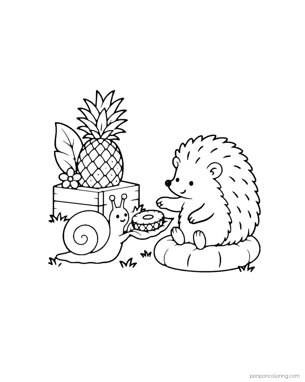 Snail beside a crate holding a pineapple while a hedgehog looks at a slice.