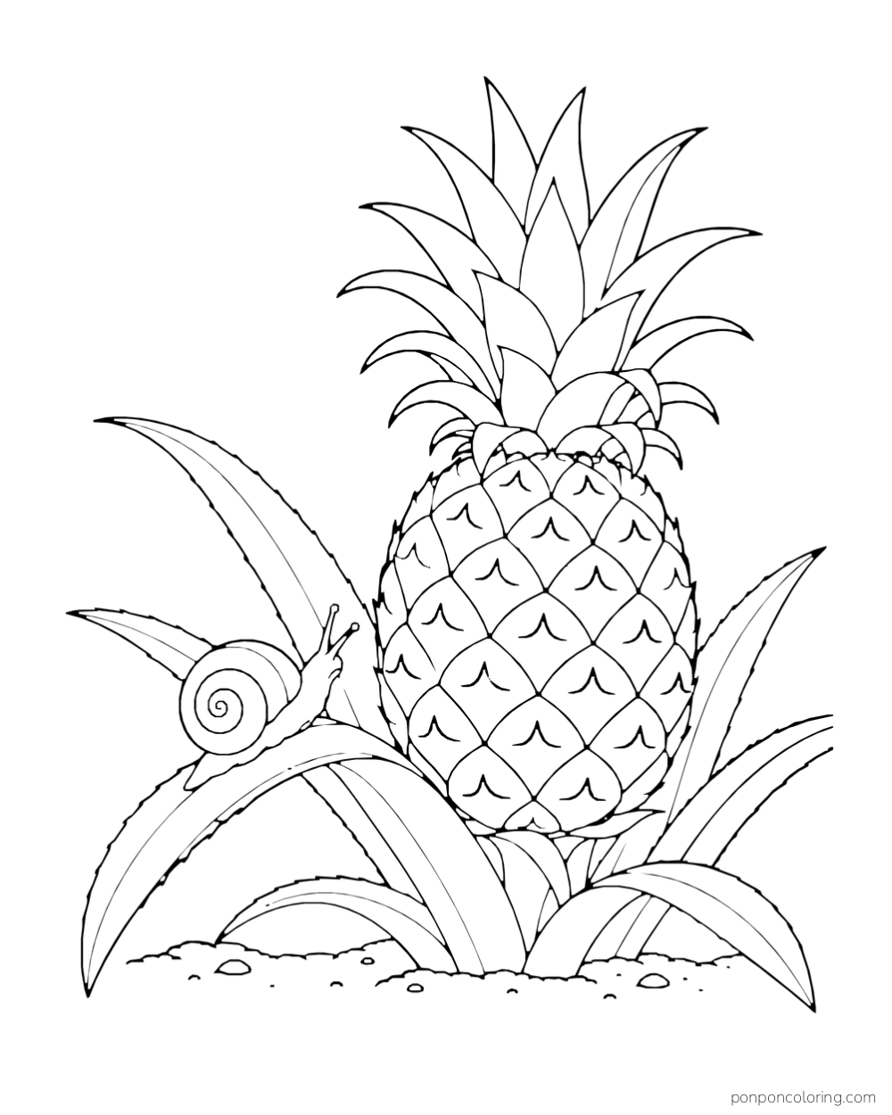 Snail climbing a broad leaf beside a ripe pineapple at the center of the plant.