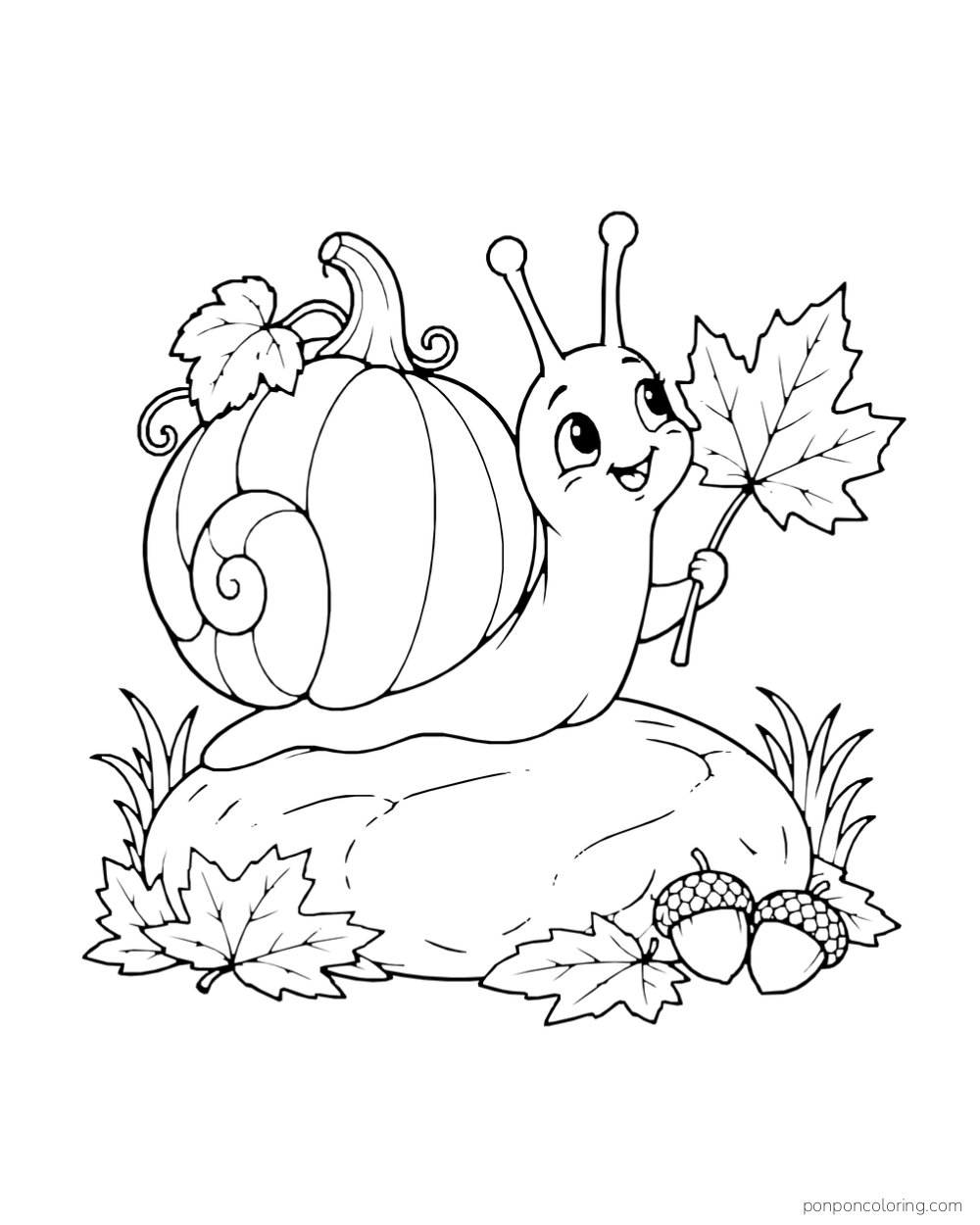 A snail with a pumpkin-shaped shell holds a leaf while crossing a stone beside acorns.