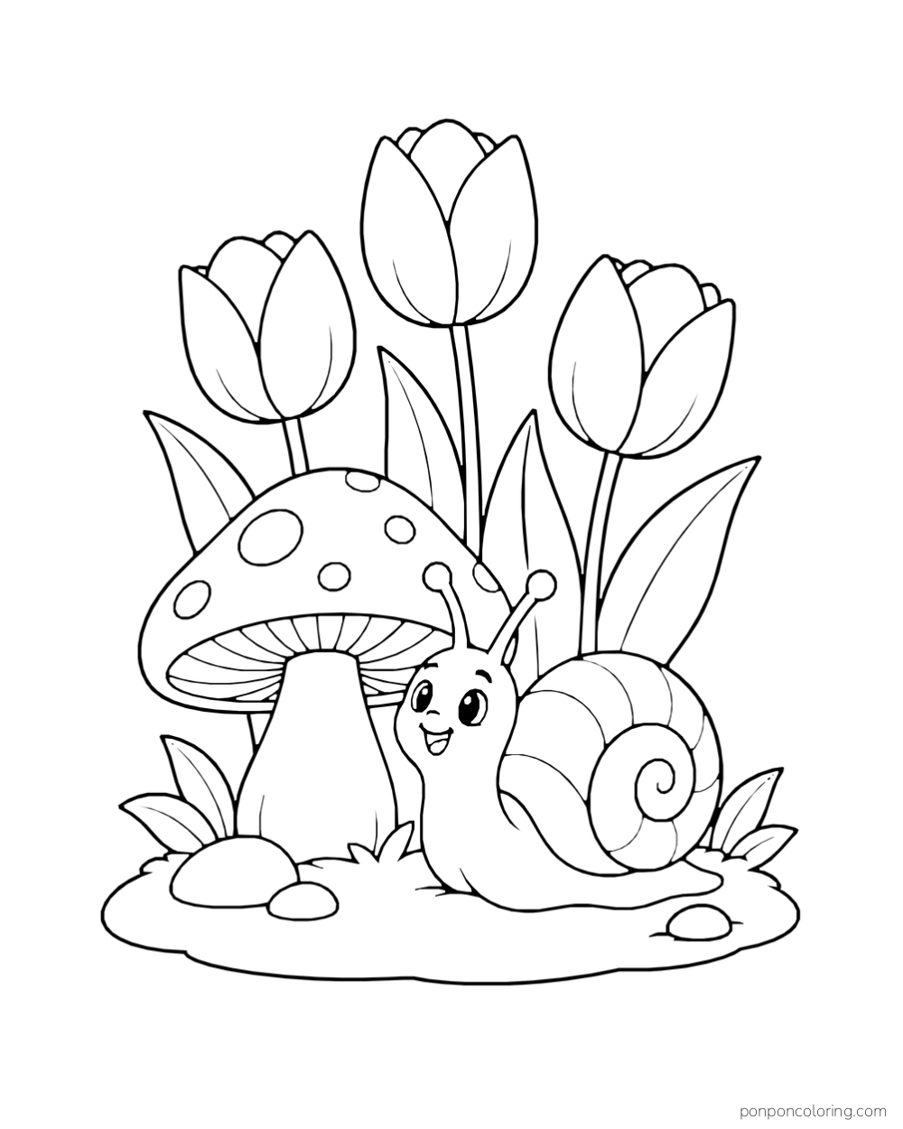 A snail rests beside a spotted mushroom and three tulips on a small mound.