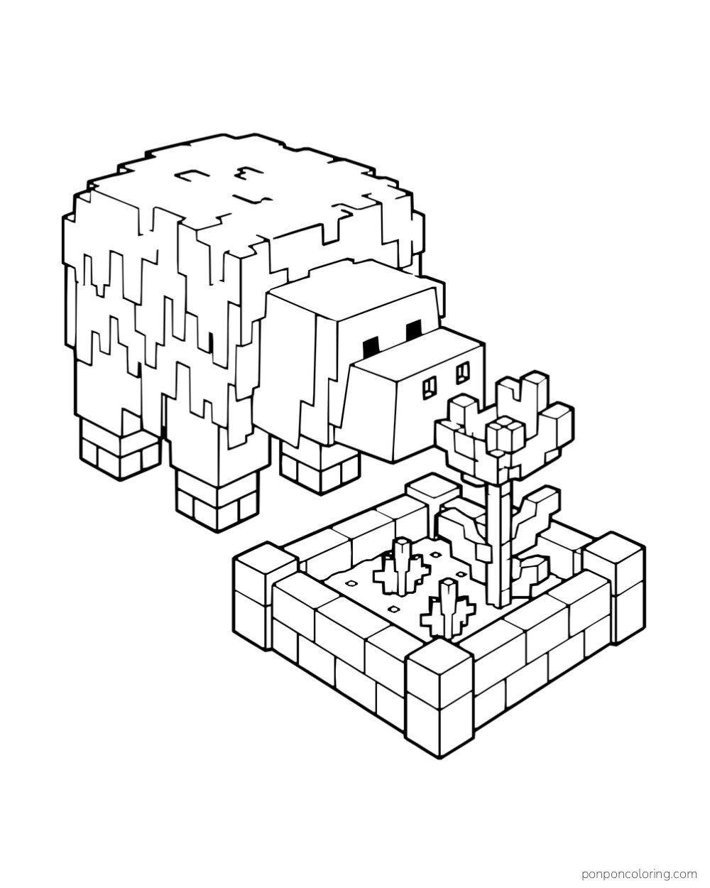 A shaggy blocky sniffer leans toward a flower in a small raised planter.
