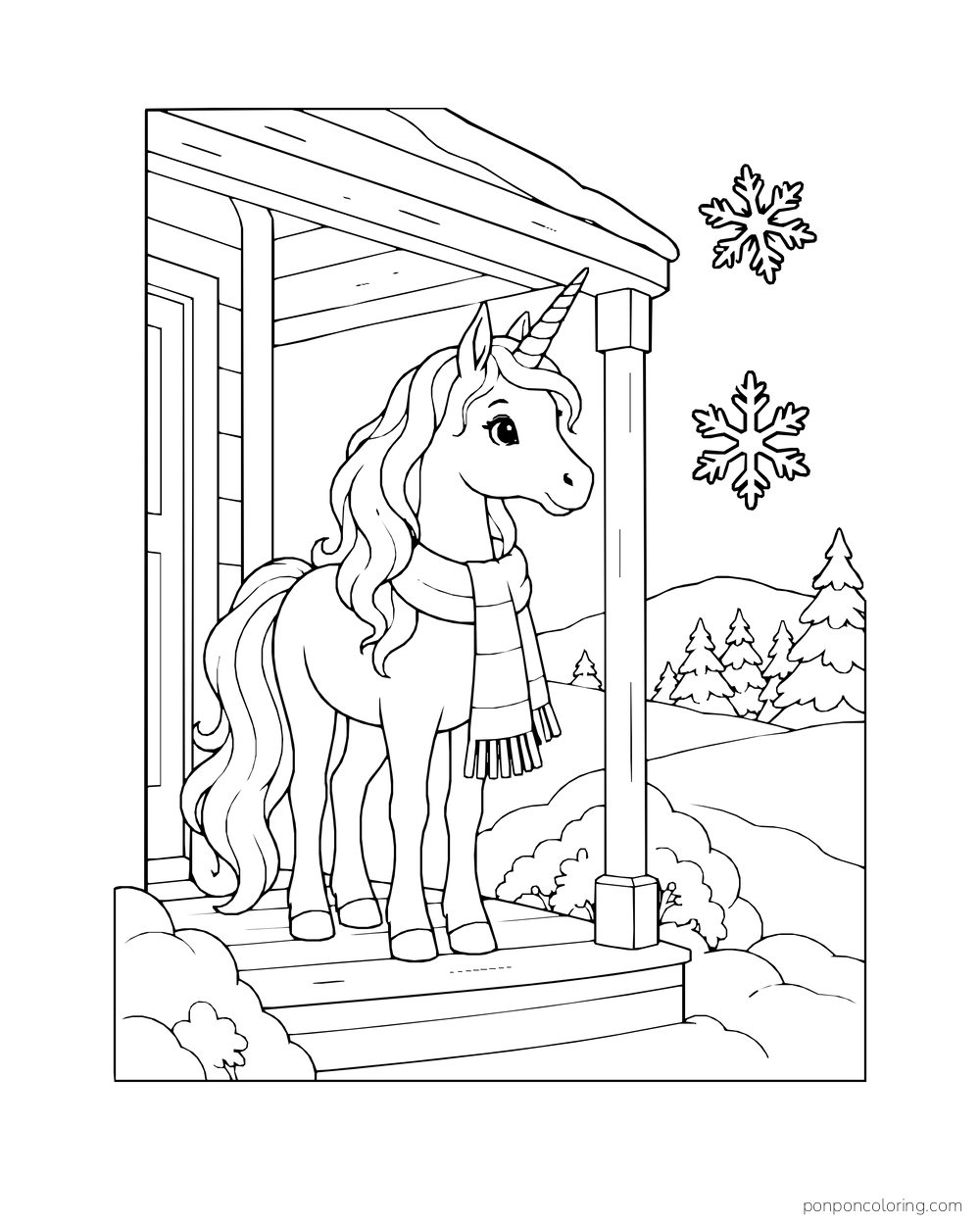 A scarf-wearing unicorn stands under a snowy porch roof with snowflakes outside.