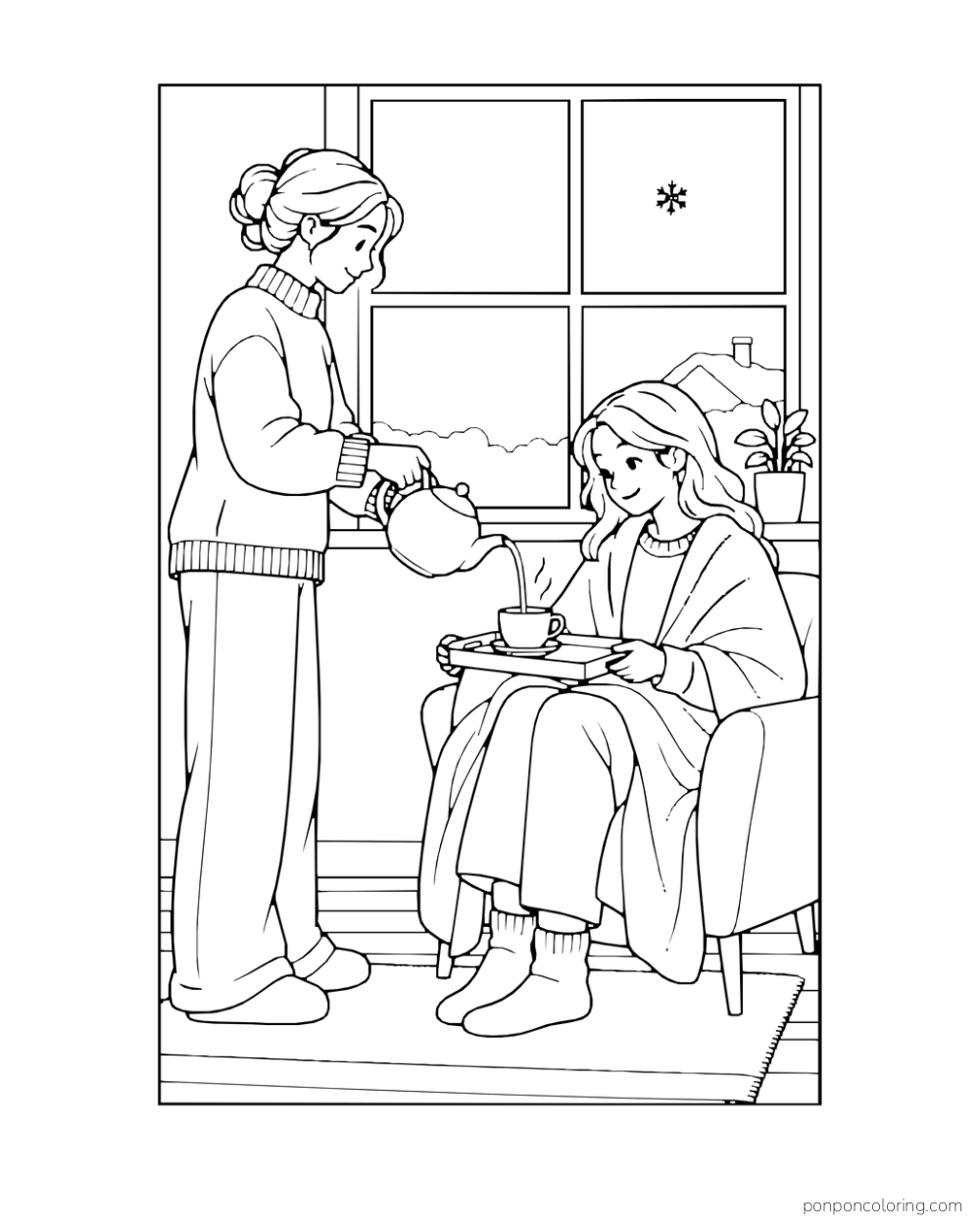 Person pours tea for a seated friend beside a window with a snowflake outside.