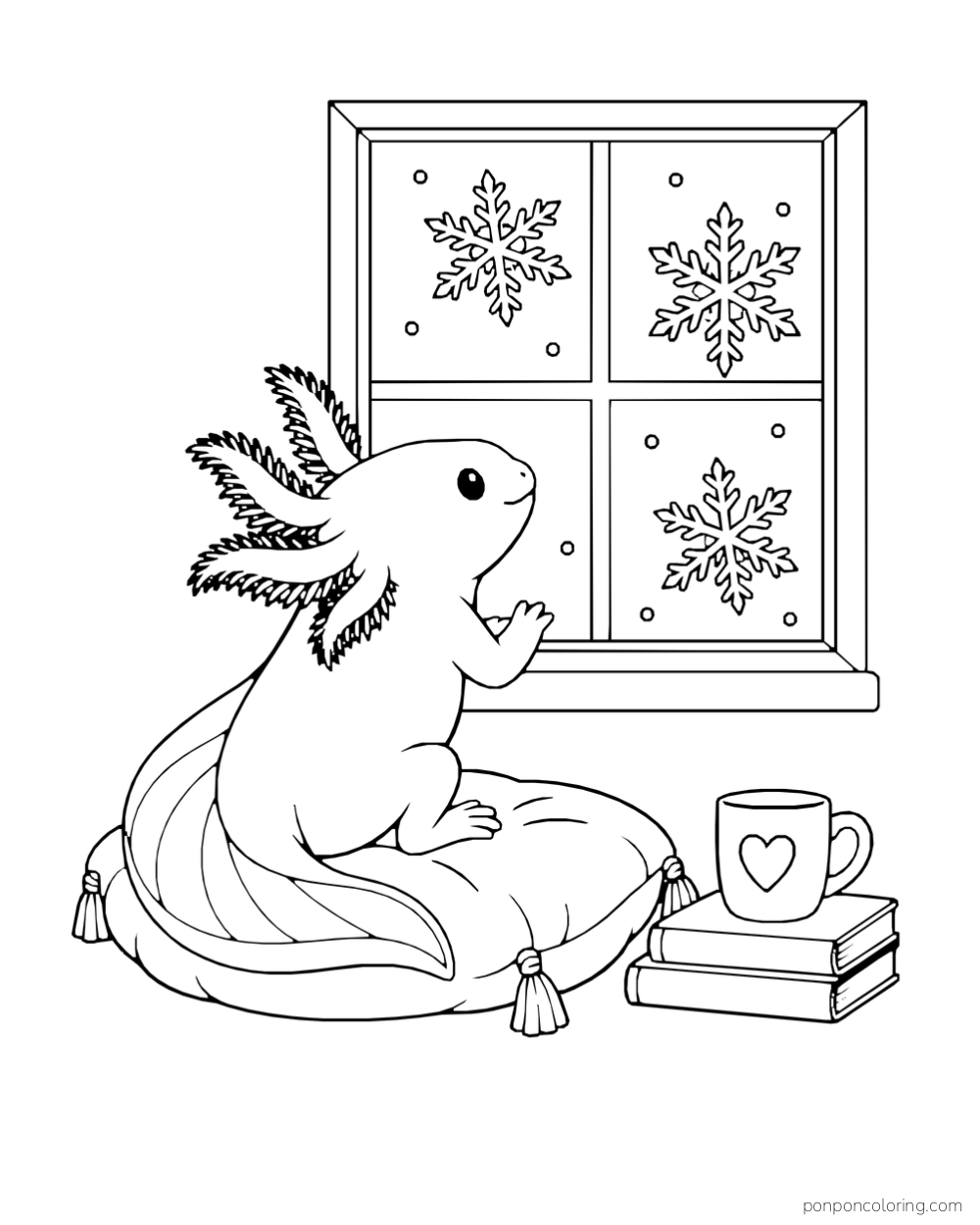 Axolotl seated on a cushion looking toward snowflakes beyond a four-pane window, with a cup on two books.