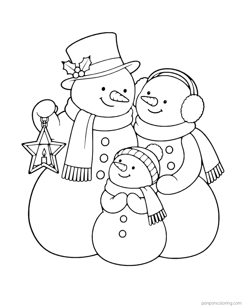 Three snowmen in hats, earmuffs, and scarves pose together with a star-shaped candle lantern.