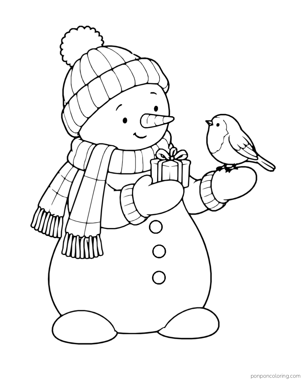 A snowman in a knitted hat holds a small present toward a robin perched on its mitten.