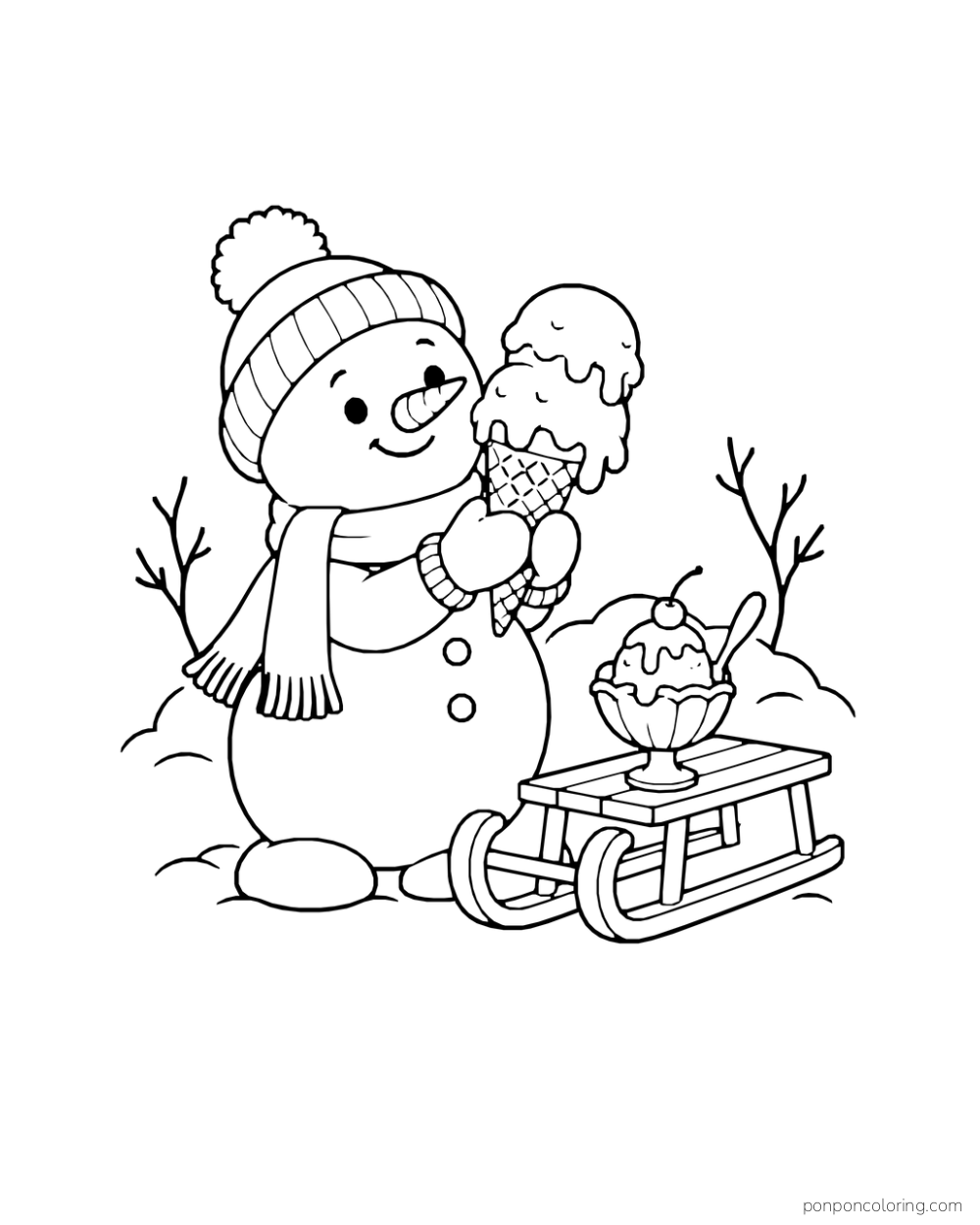 A snowman holds a double-scoop ice cream cone beside a small sundae and complete sled.