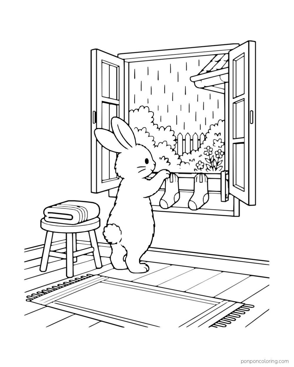 A rabbit hangs two socks on a rail beside a rainy window.