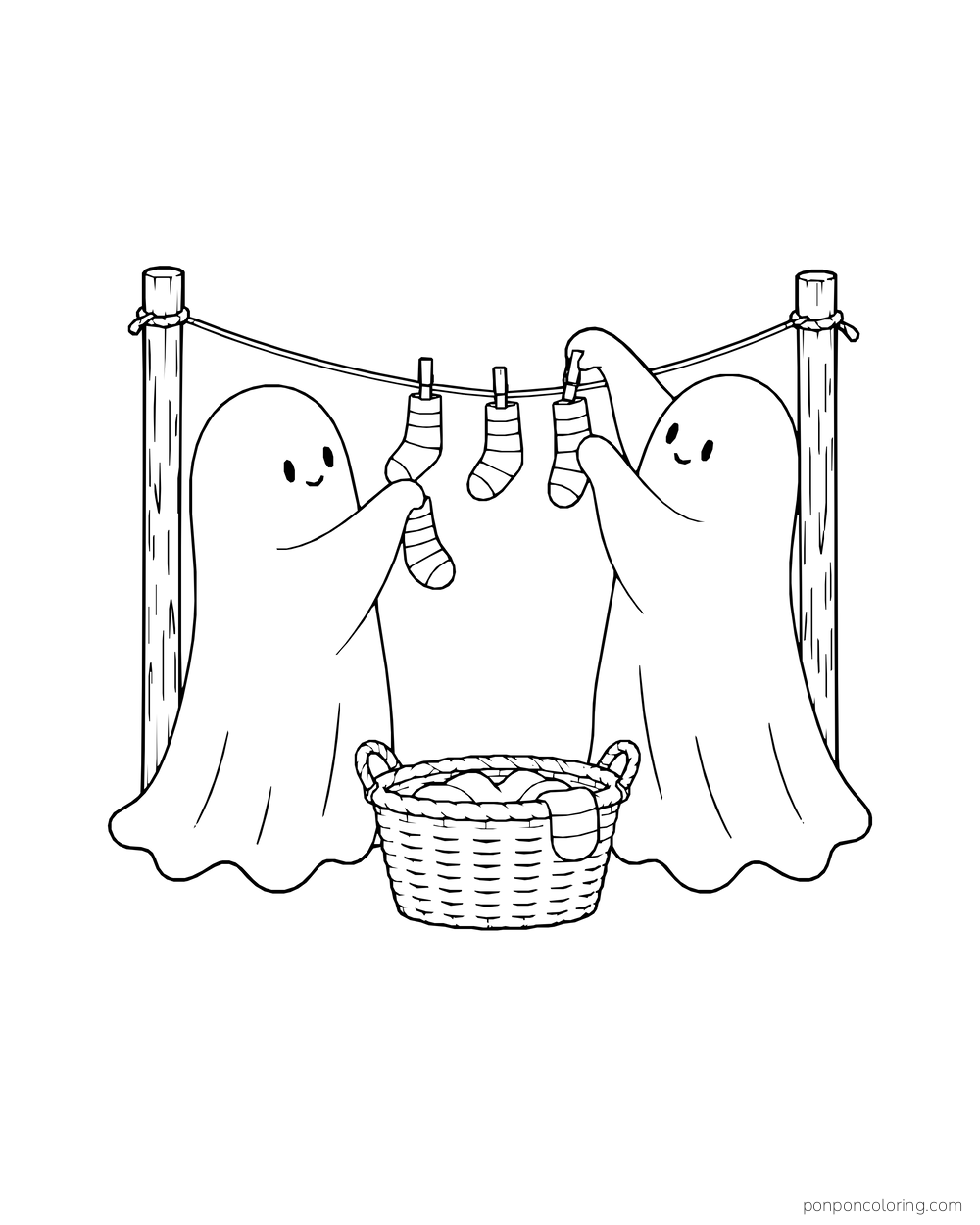 Two ghosts hang little socks on a clothesline above a basket.
