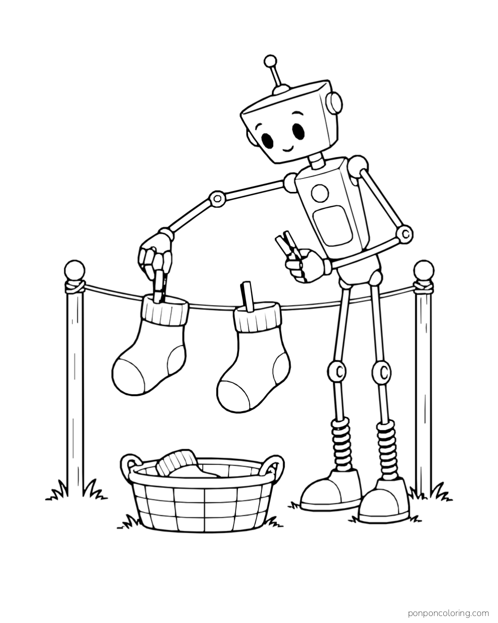 Spring-legged robot hanging socks on a line.