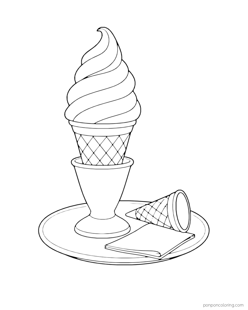 A tall soft-serve cone stands in a ceramic holder beside a spare empty cone and napkin.