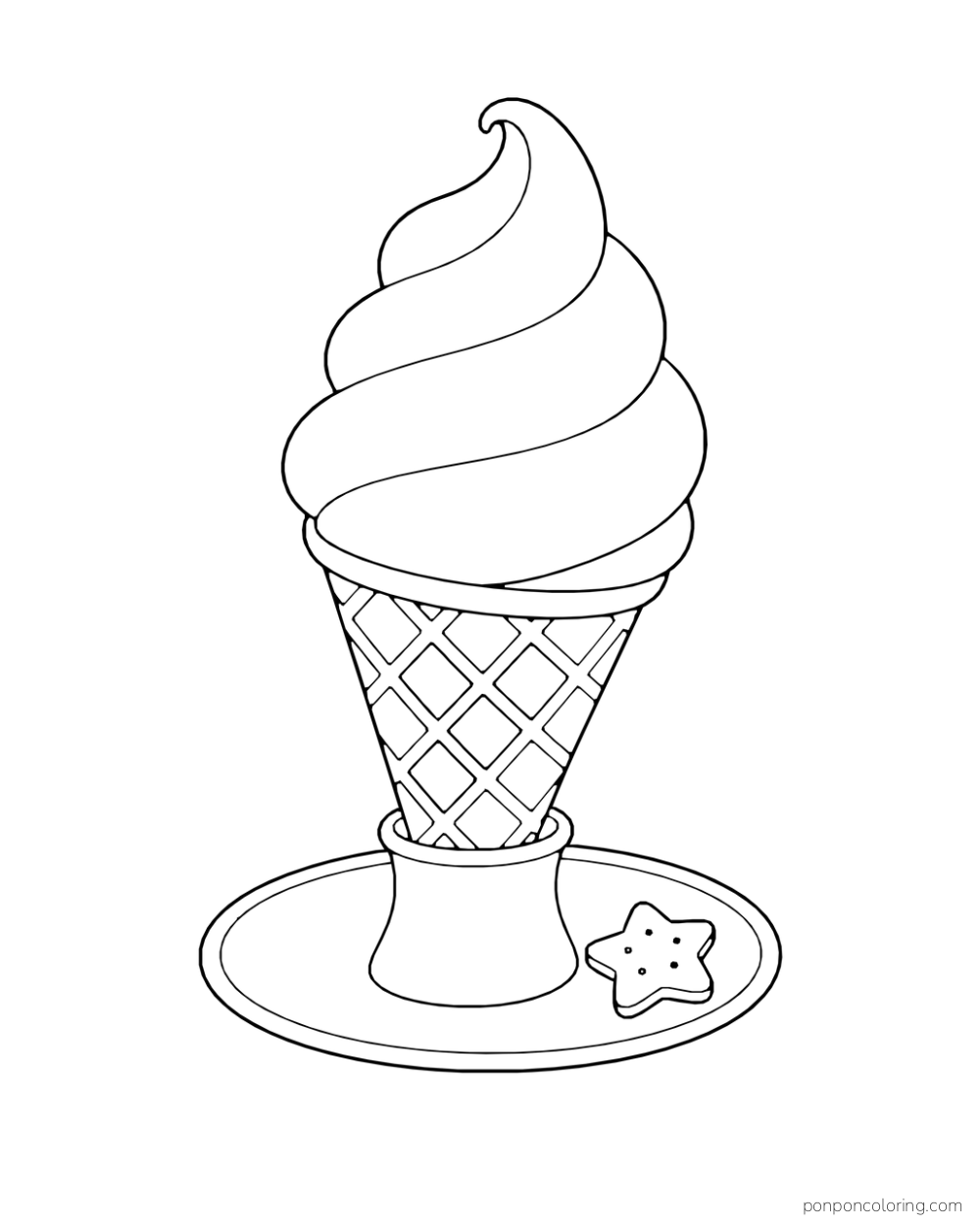 A tall soft-serve cone stands in a holder on a saucer beside a small star-shaped cookie.