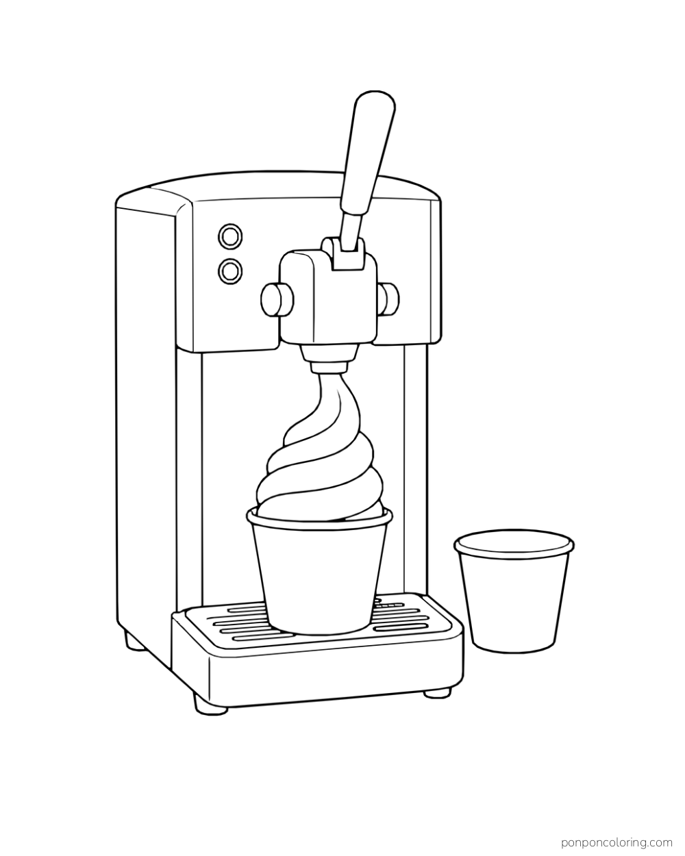 A soft-serve machine dispenses a swirl into a paper cup.