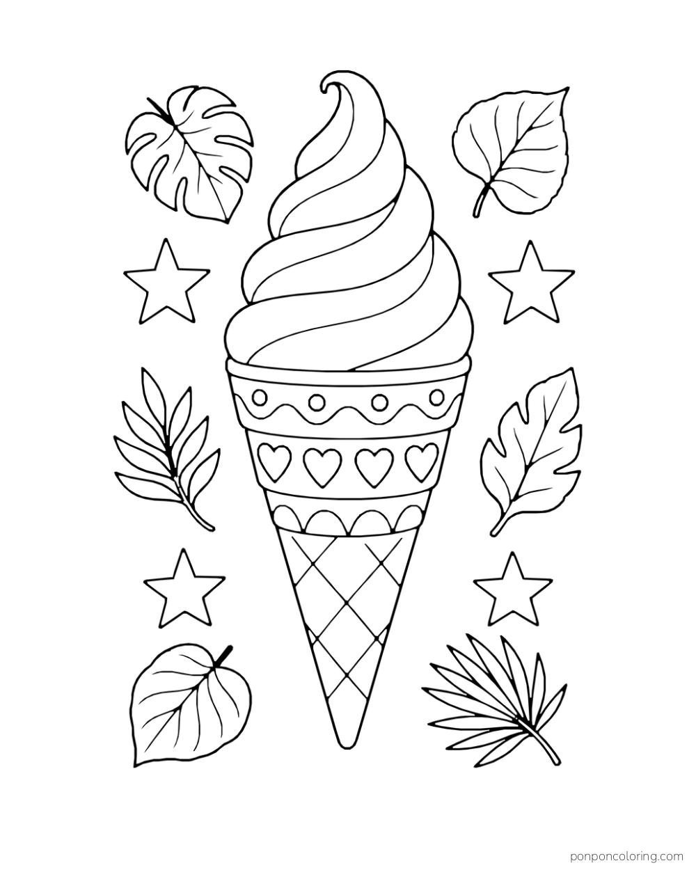 A decorated soft-serve cone is surrounded by separate star and leaf motifs.