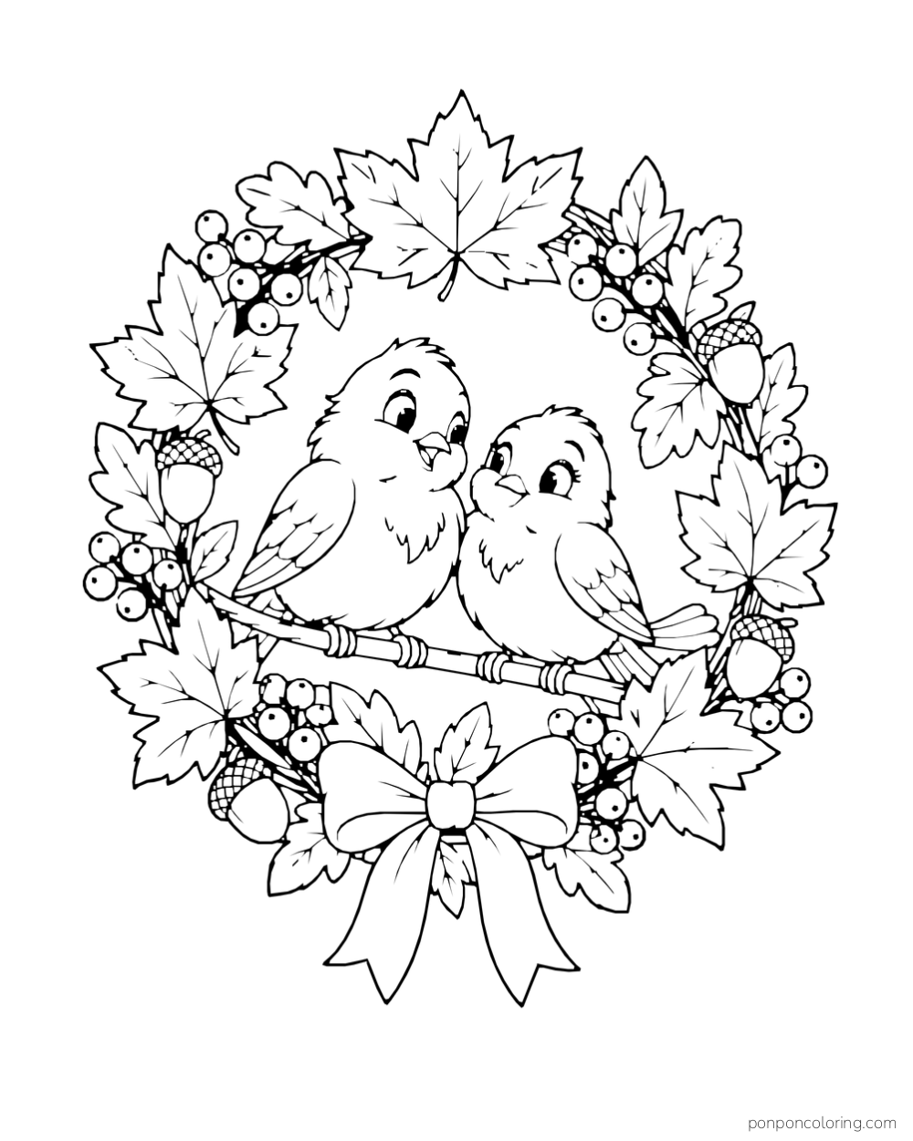 Two birds perch inside a wreath of maple leaves, oak leaves, acorns, and berries.
