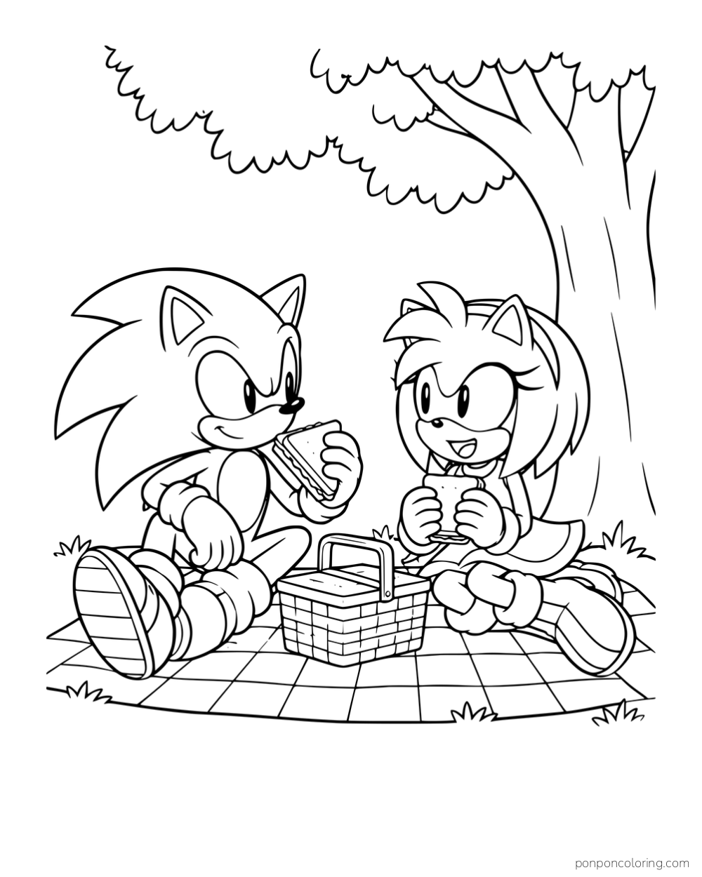 Sonic and Amy sitting on a picnic blanket beside a basket.