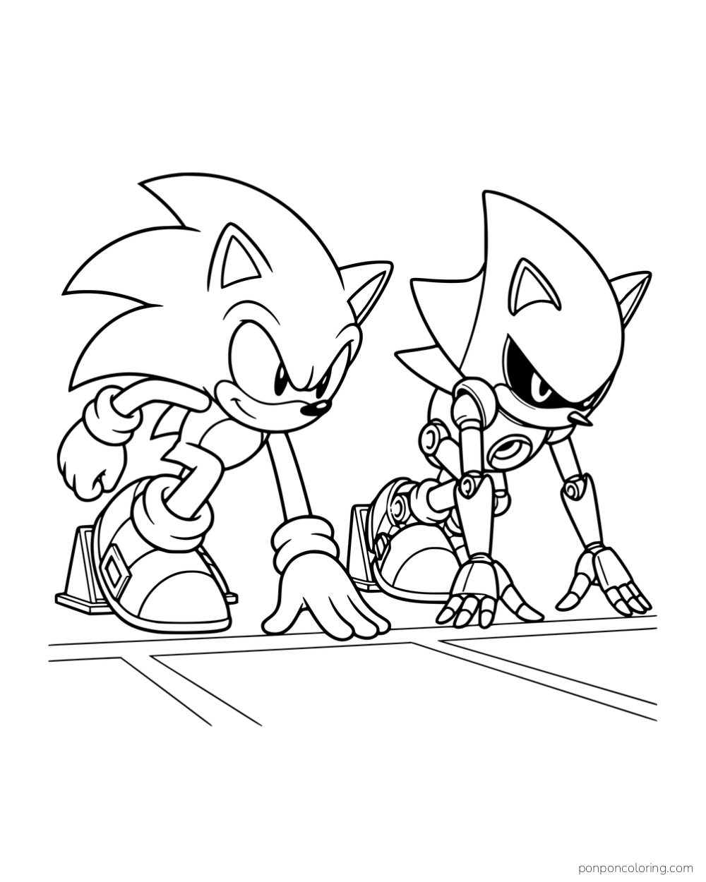 Sonic and Metal Sonic crouching side by side at a starting line.