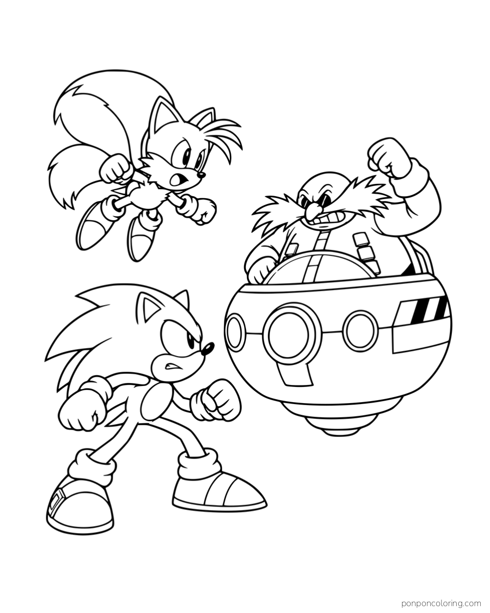 Sonic and Tails facing Eggman in his hovering vehicle.