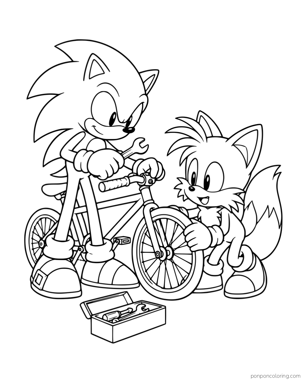 Sonic holding a bicycle while Tails works near its front wheel.