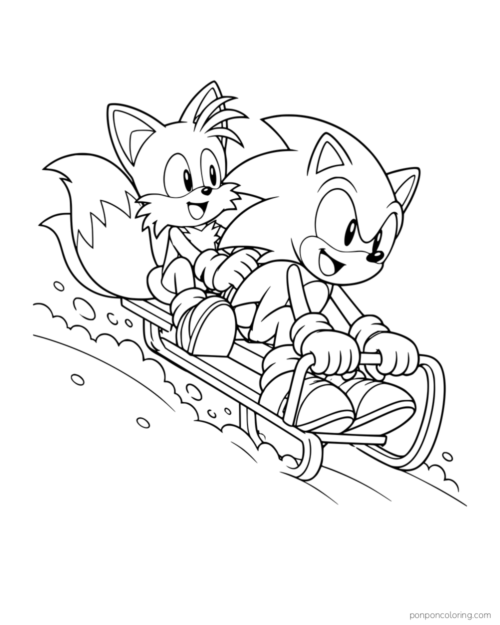 Sonic and Tails riding a sled down a snowy slope.