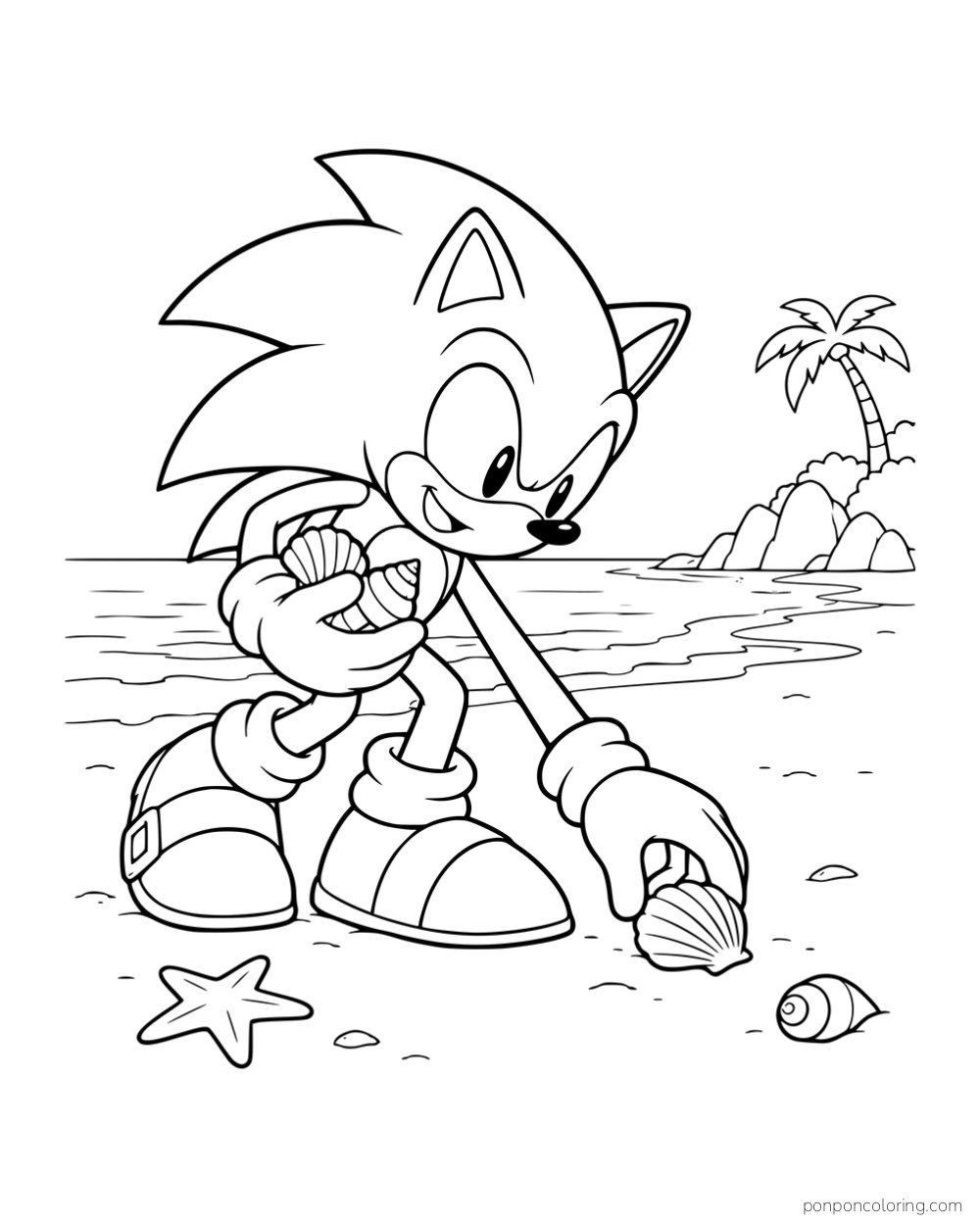 Sonic picking up a shell on a beach with a palm tree in the distance.
