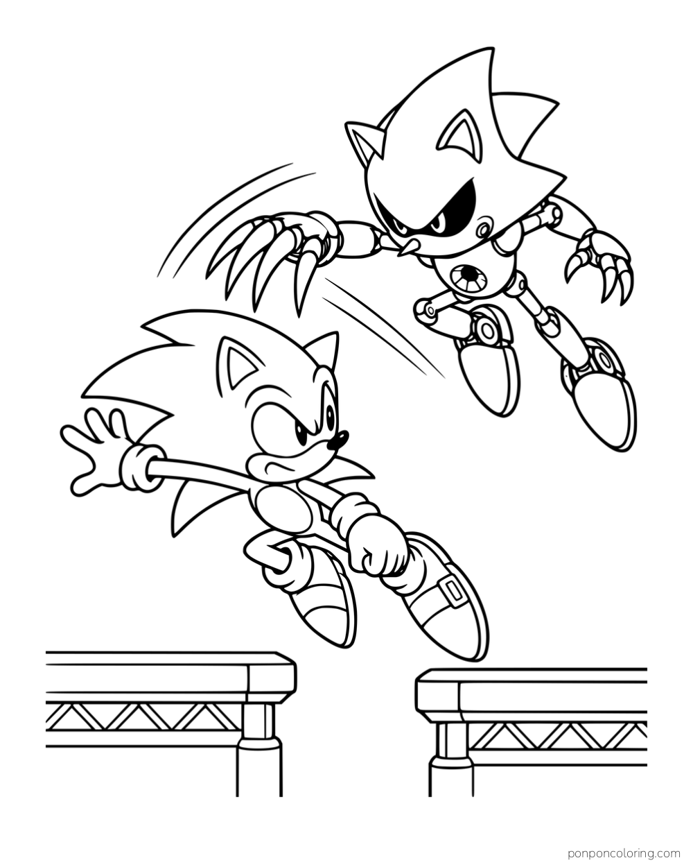 Sonic jumping between platforms as Metal Sonic attacks from above.