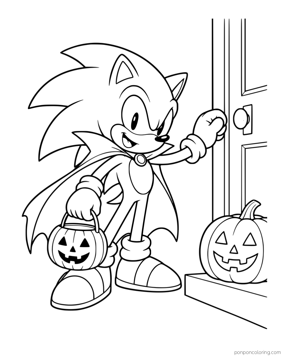 Sonic wearing a cape and holding a pumpkin bucket at a door.
