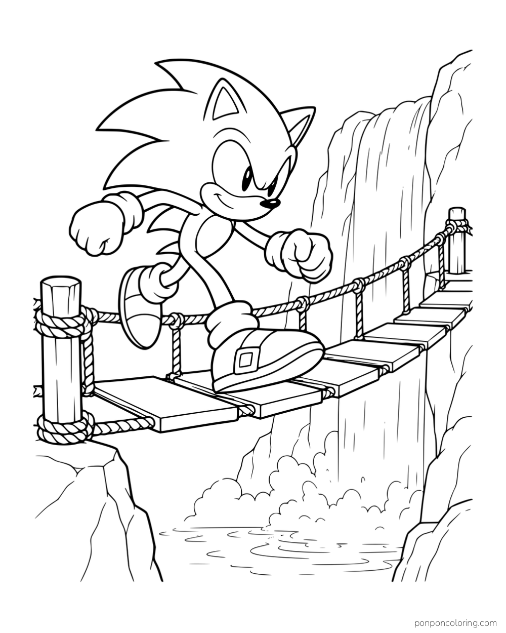 Sonic crossing a rope bridge beside a waterfall.
