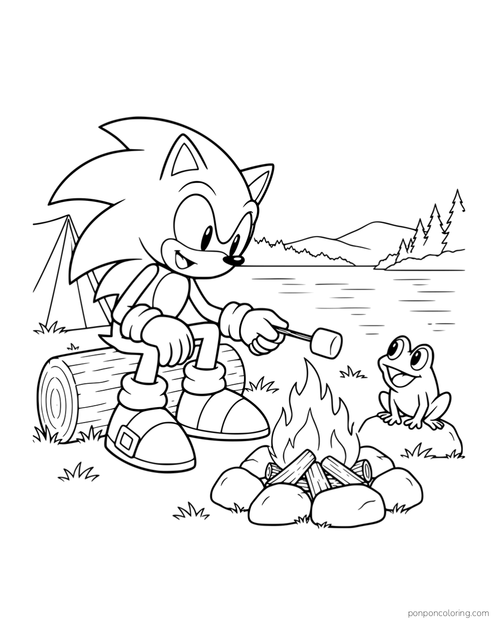 Sonic holding a marshmallow over a campfire with a frog nearby.