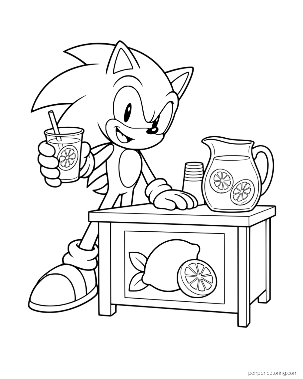 Sonic holding a drink behind a stand with a pitcher and a lemon sign.