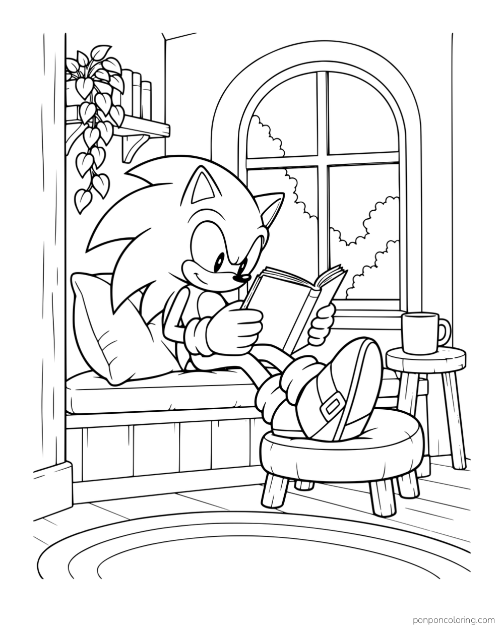 Sonic reading a book by an arched window with his feet on a footstool.