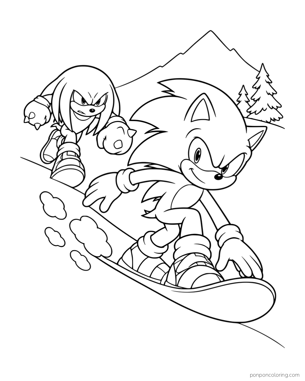 Sonic riding a snowboard down a snowy slope with Knuckles behind him.