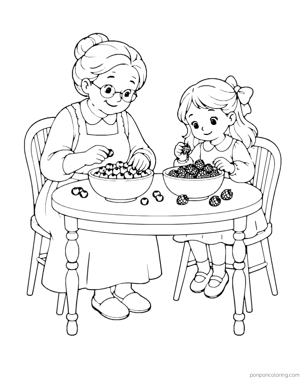A grandmother and girl sort blueberries and raspberries into bowls at a round table.