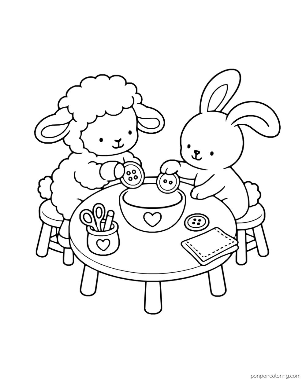 A sheep and rabbit hold buttons over a bowl at a sewing table.