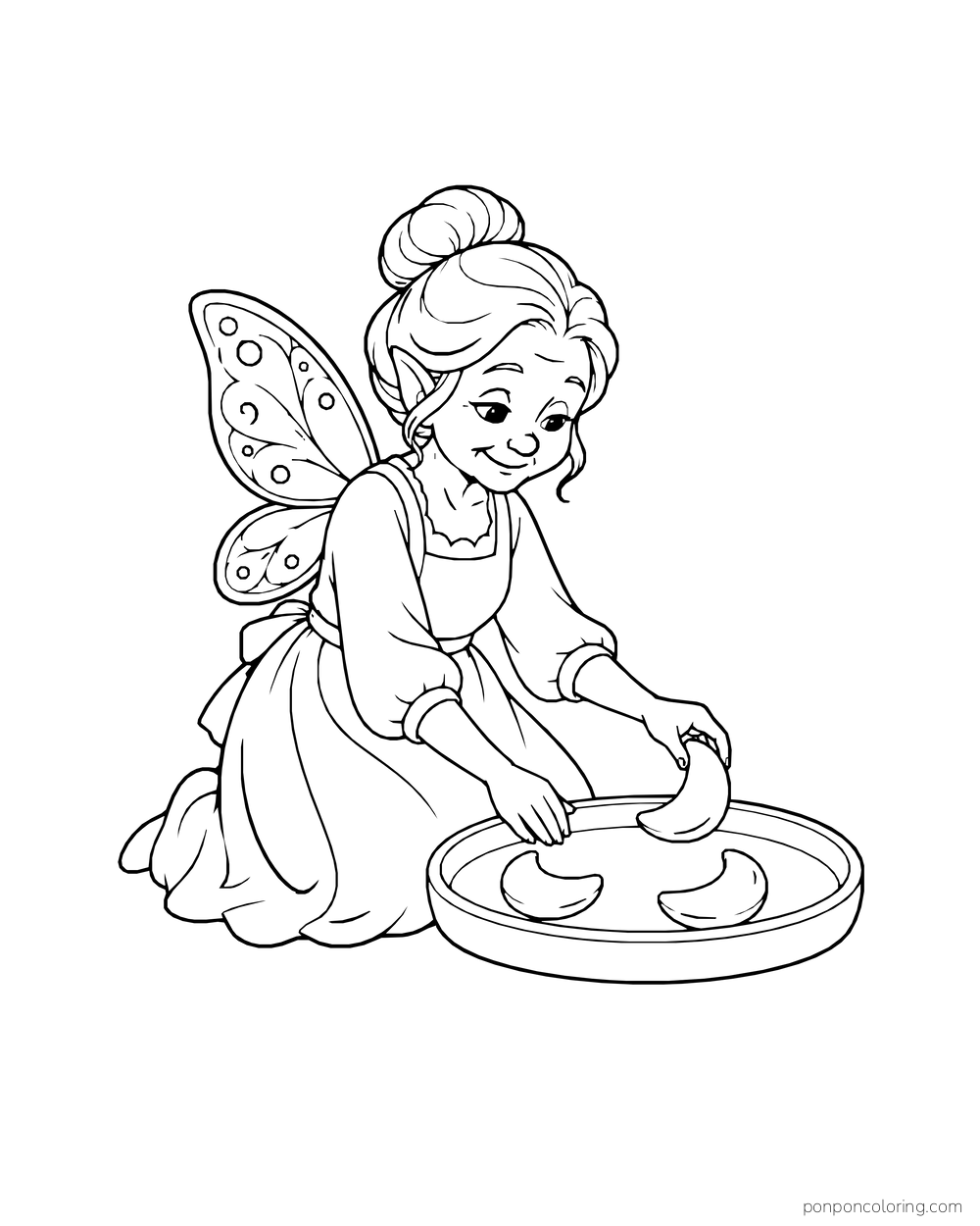Older fairy kneeling by a shallow tray and sorting crescent-shaped pebbles.
