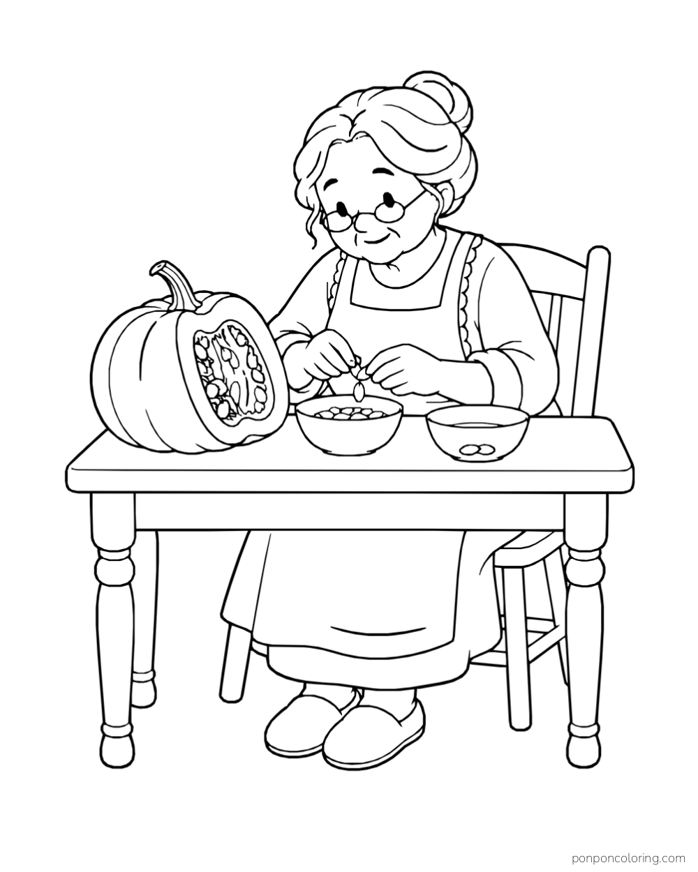 A woman with a bun and glasses sorts seeds into bowls beside a cut pumpkin at a table.